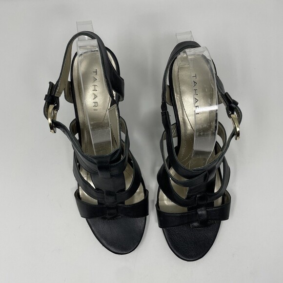 Tahari Mickey High Heel T-Strap Sandals Black Leather Ankle Strap Size 7.5 - Picture 4 of 12